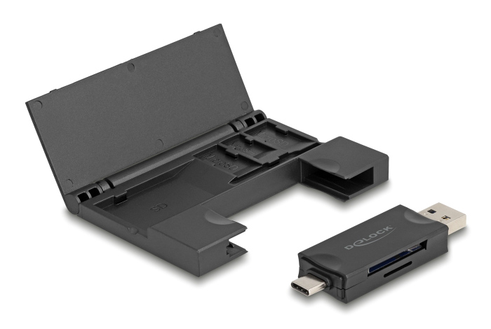 91014 DELOCK card reader 91014 για SD & micro SD, με θήκη, USB/USB-C, 5Gbps, μαύρο - Image 1