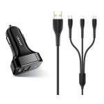 USAMS φορτιστής αυτοκινήτου C13 & καλώδιο 3 σε 1, 2x USB, 2.1A, μαύρο