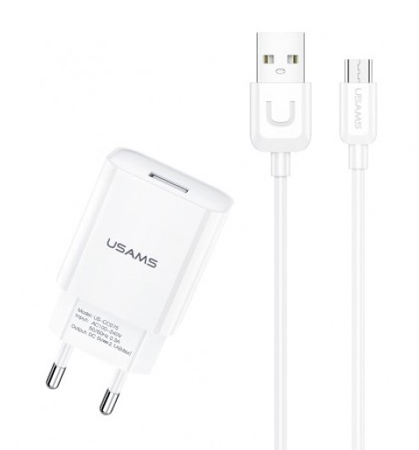 T21OCMC01 USAMS φορτιστής τοίχου T21OCMC01 με καλώδιο Micro USB, USB 2.1A, λευκός - Image 1