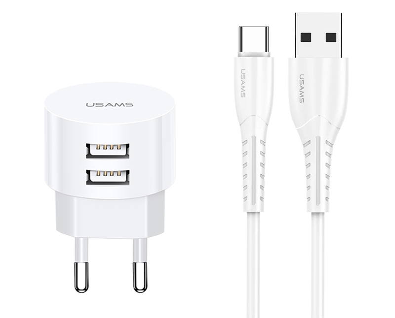 XTXLOGT18TC05 USAMS φορτιστής τοίχου T20 & καλώδιο type-C, 2x USB, 2.1A, λευκός - Image 1