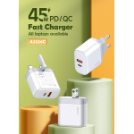 LDNIO φορτιστής τοίχου A2526C με καλώδιο, USB & USB-C, 45W PD, λευκός - Image 3